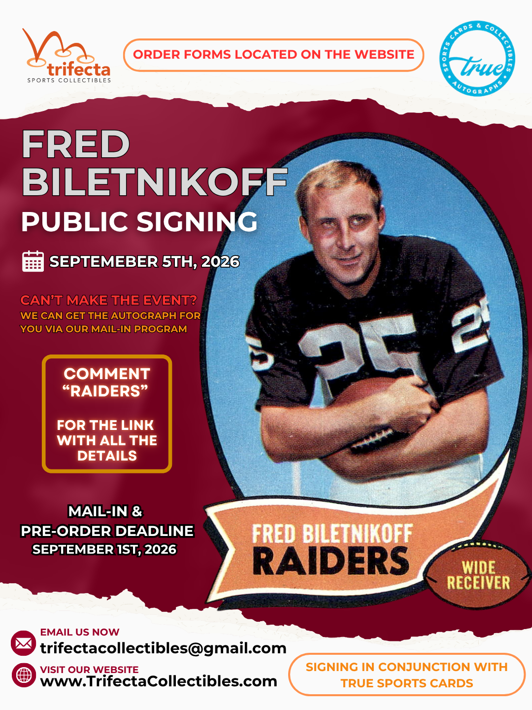 Fred Biletnikoff — Public Signing & Mail-In Option